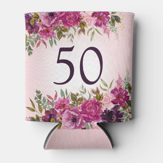 Roze Paarse Waterverf Bloemen 50ste Verjaardagsgun Blikjeskoeler (Voorkant)