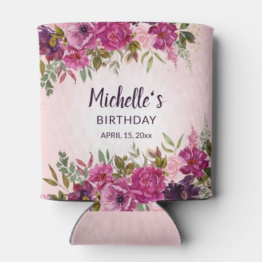 Roze Paarse Waterverf Bloemen 50ste Verjaardagsgun Blikjeskoeler (Achterkant)