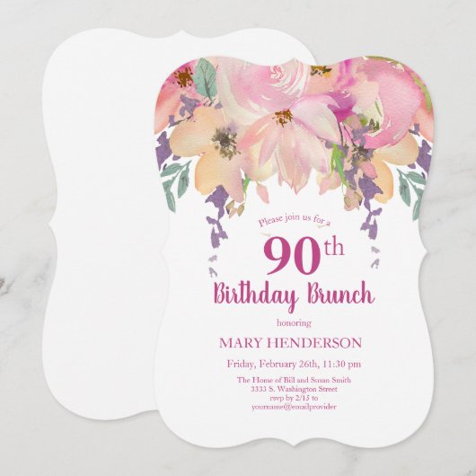 Roze Paarse Waterverf Bloemen 90ste Verjaardagsbru Kaart (Voorkant / Achterkant)