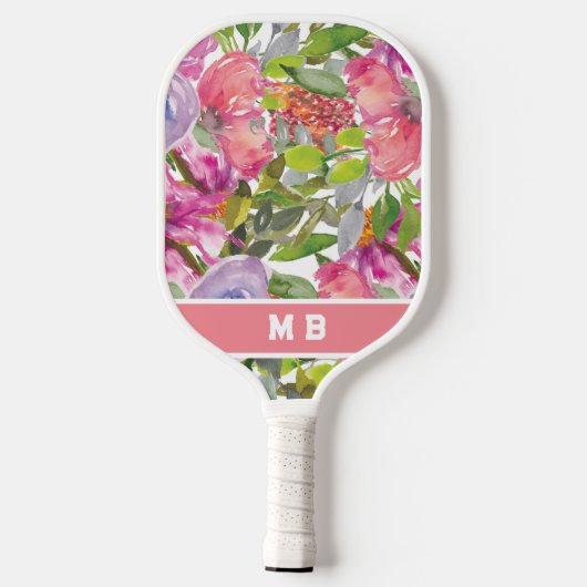Roze Paarse Waterverf bloemen bladeren monogram Pickleball Paddle (Achterkant)
