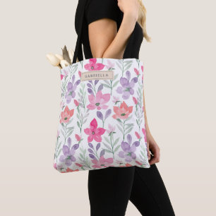 Roze Paarse Waterverf Bloemen Bloemen Gepersonalis Tote Bag