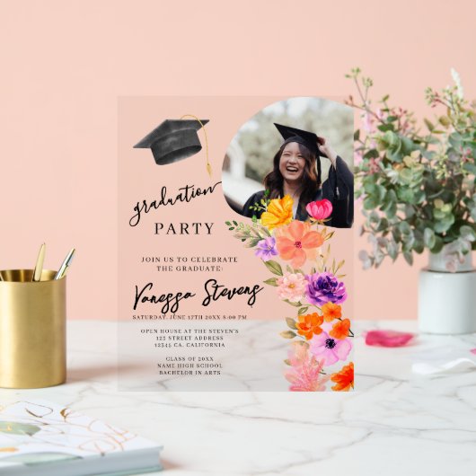 Roze & Paarse Waterverf Bloemen Foto Afstuderen Acryl Bord (Huwelijk)