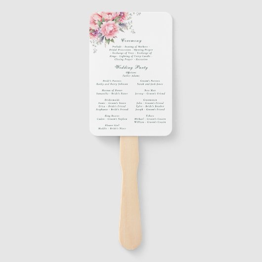 Roze Paarse Waterverf Bloemen Trouwprogramma Handwaaier (Achterkant)