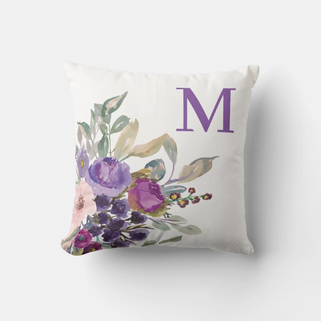 Roze Paarse Waterverf Bloemige Monogram Kussen (Voorkant)