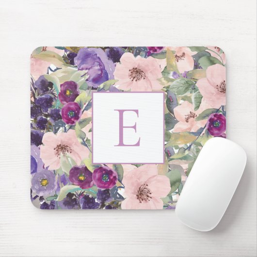 Roze Paarse Waterverf Bloemige Monogram Muismat (Met muis)