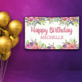 Roze Paarse Waterverf Bloemige Verjaardagsnaam Spandoek