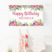 Roze Paarse Waterverf Bloemige Verjaardagsnaam Spandoek (Insitu)