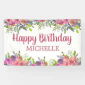 Roze Paarse Waterverf Bloemige Verjaardagsnaam Spandoek (Horizontaal)