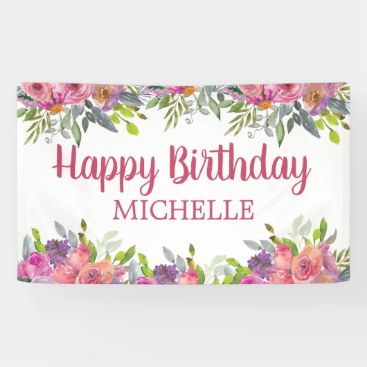 Roze Paarse Waterverf Bloemige Verjaardagsnaam Spandoek (Horizontaal)