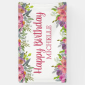 Roze Paarse Waterverf Bloemige Verjaardagsnaam Spandoek (Verticaal)
