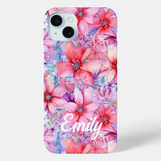 Roze Paarse Waterverf Bloemrijke Gepersonaliseerde Case-Mate iPhone Case (Achterkant)
