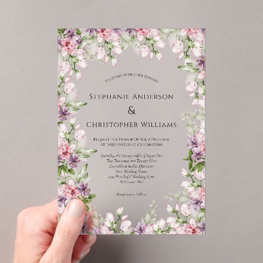Roze Paarse Waterverf Bloemrijke Groene Huwelijk Acryl Uitnodigingen (Insitu (Draagbaar))