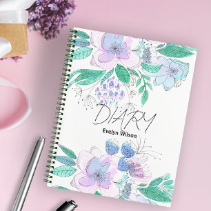 Roze Paarse Waterverf Doodle Bloesems en Bladeren Notitieboek