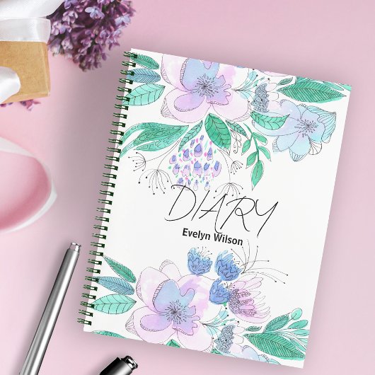 Roze Paarse Waterverf Doodle Bloesems en Bladeren Notitieboek