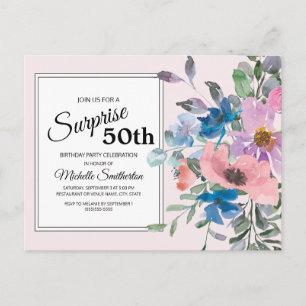 Roze Paarse Waterverf Floral 50e verjaardag Briefkaart