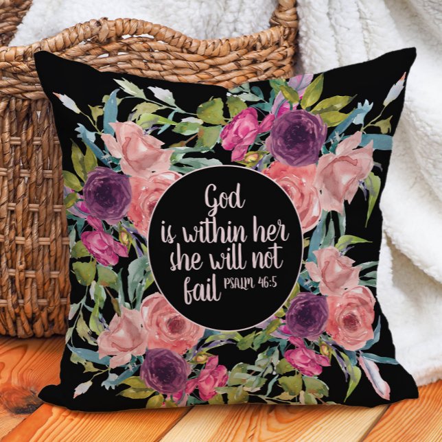 Roze Paarse Waterverf Floral Christelijke Bijbel Kussen (Pink and purple floral "God is within her, she will not fail" decorator pillow)