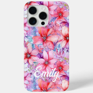 Roze Paarse Waterverf Floral Gepersonaliseerde naa iPhone 15 Pro Max Hoesje