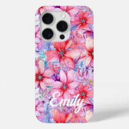 Roze Paarse Waterverf Floral Gepersonaliseerde naa iPhone 15 Pro Case