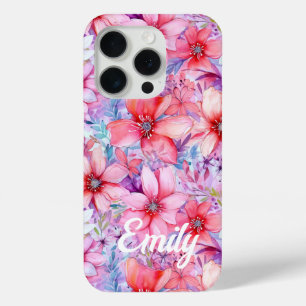 Roze Paarse Waterverf Floral Gepersonaliseerde naa iPhone 15 Pro Case