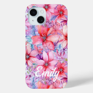 Roze Paarse Waterverf Floral Gepersonaliseerde naa iPhone 15 Case