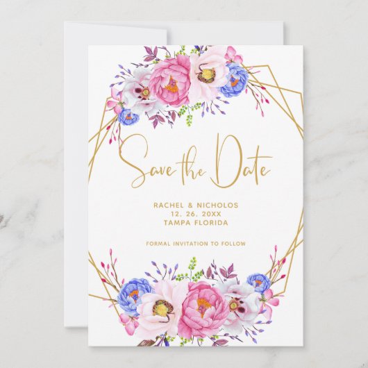 Roze Paarse Waterverf Floral Lijst bruiloft Save The Date (Voorkant)