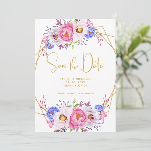Roze Paarse Waterverf Floral Lijst bruiloft Save The Date (Staand voorkant)