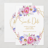 Roze Paarse Waterverf Floral Lijst bruiloft Save The Date (Voorkant / Achterkant)
