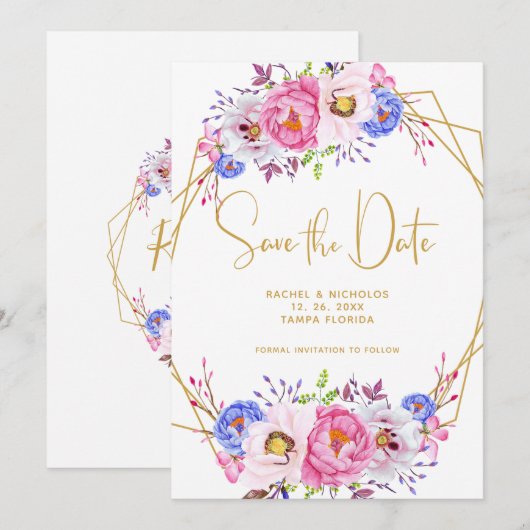 Roze Paarse Waterverf Floral Lijst bruiloft Save The Date (Voorkant / Achterkant)