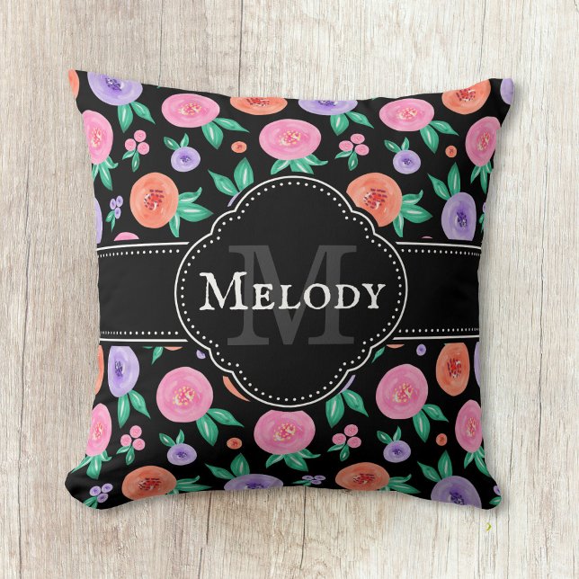 Roze / Paarse Waterverf Roos Patroon op zwart Kussen (Creator heeft geüpload)