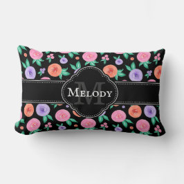 Roze / Paarse Waterverf Roos Patroon op zwart Kussen