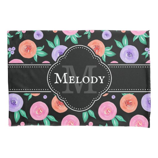 Roze / Paarse Waterverf Roos Patroon op zwart Kussensloop (Voorkant)