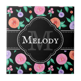 Roze / Paarse Waterverf Roos Patroon op zwart Tegeltje