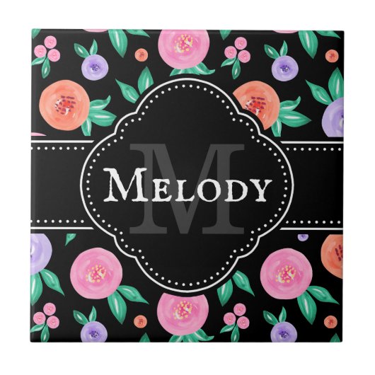 Roze / Paarse Waterverf Roos Patroon op zwart Tegeltje (Voorkant)