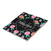 Roze / Paarse Waterverf Roos Patroon op zwart Tegeltje (Zijkant)