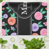 Roze / Paarse Waterverf Roos Patroon op zwart Theedoek (Gevouwen)