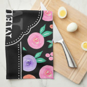 Roze / Paarse Waterverf Roos Patroon op zwart Theedoek (Quarter Fold)