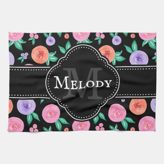 Roze / Paarse Waterverf Roos Patroon op zwart Theedoek (Horizontaal)