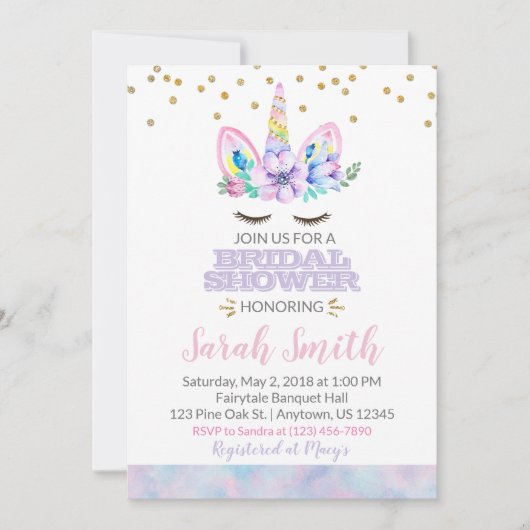 Roze Paarse Waterverf Style Unicorn Vrijgezellenfe Kaart (Voorkant)