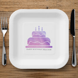 Roze & Paarse Waterverf taart Happy Birthday Papieren Bordje