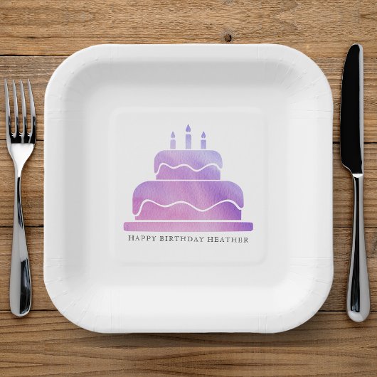 Roze & Paarse Waterverf taart Happy Birthday Papieren Bordje