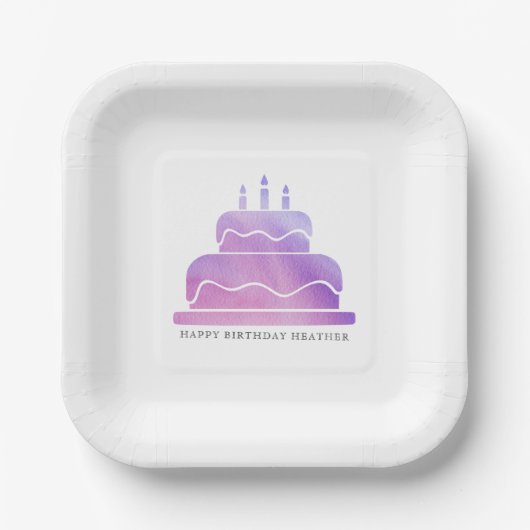 Roze & Paarse Waterverf taart Happy Birthday Papieren Bordje (Voorkant)