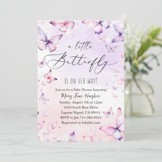 Roze Paarse Waterverf vlinder Baby shower Kaart (Staand voorkant)