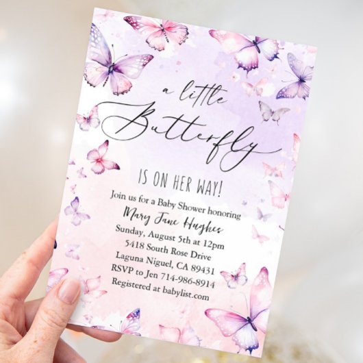 Roze Paarse Waterverf vlinder Baby shower Kaart