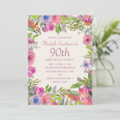 Roze Paarse Waterverf Wildbloemen 90e verjaardag Kaart (Staand voorkant)