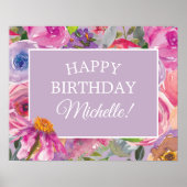 Roze Paarse Waterverf Wildbloemen Fijne verjaardag Poster (Voorkant)