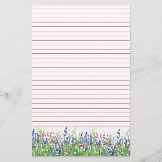 Roze Paarse Waterverf Wildflowers Lined Briefpapier (Voorkant)
