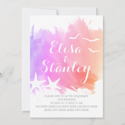 Roze, paarse waterverf, zeesterstrand bruiloft kaart (Voorkant)
