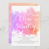 Roze, paarse waterverf, zeesterstrand bruiloft kaart (Voorkant / Achterkant)
