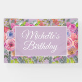 Roze Paarse Wildbloemen Naam Manuscript Birthday Spandoek (Horizontaal)