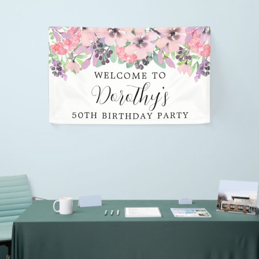 Roze Paarse Wilde Bloem 50th Birthday Welkom Spandoek (Beurs)